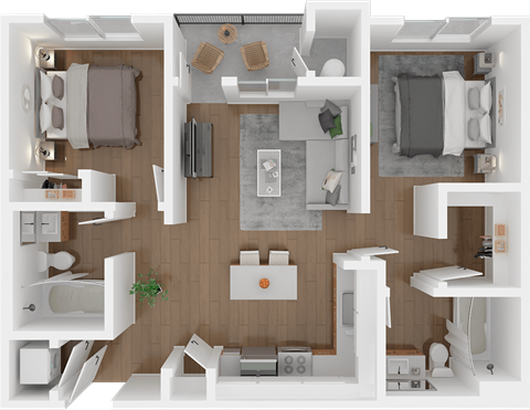 Floor plan for 2 beds, 2 baths, 895 sqft